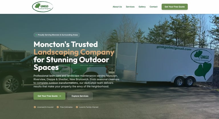 Moncton landscaping company website showing green truck and trailer with company logo and service information